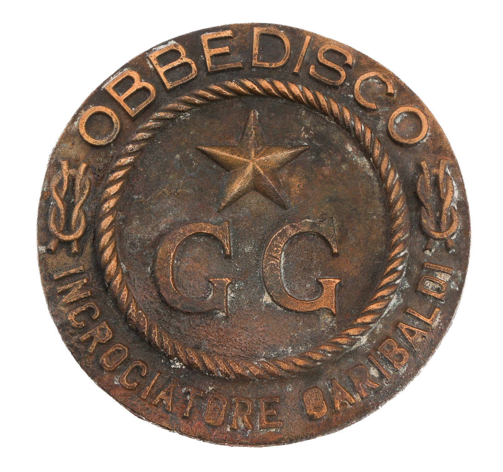 WWII ITALIAN NAVY CRUISER GARIBALDI TAMPION: WWII ITALIAN NAVY CRUISER GARIBALDI TAMPION WWII Italian Royal Navy Light Cruiser Giuseppe Garibaldi Turret Tampion. Brass construction with the cruiser name and motto of "Obbedisco" in relief. Size: 
