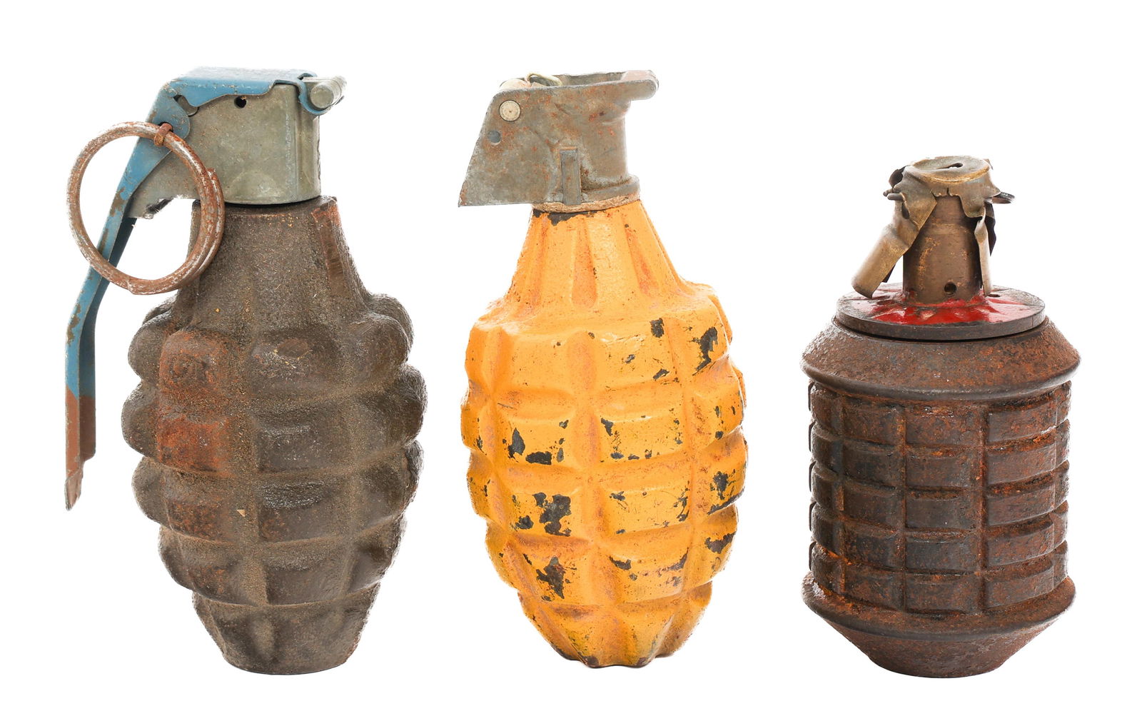 WWII US MkII HE, TRAIN. & JAPANESE TYPE 97 GRENADE: WWII US MkII HE, TRAIN. & JAPANESE TYPE 97 GRENADE WWII US MkII Pineapple High Explosive, Training and Imperial Japanese Type 97 Grenades. (1) MkII High Explosive. Yellow painted exterior. No spoon. (
