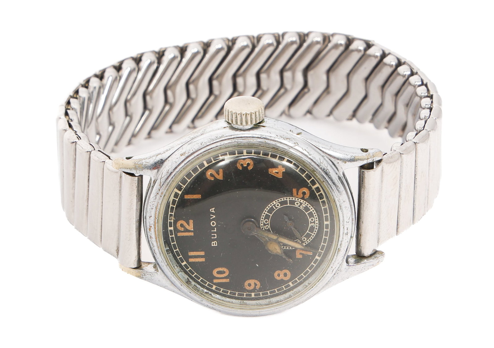 WWII BOLOVA US ORDNANCE DEPARTMENT AVIATION WATCH: WWII BOLOVA US ORDNANCE DEPARTMENT AVIATION WATCH WWII BOLOVA US Ordnance Department Aviation Watch. "Ord. Dept. USA OF 77568" and maker mark of Bulova to the reverse. Aftermarket band by Philmont.
