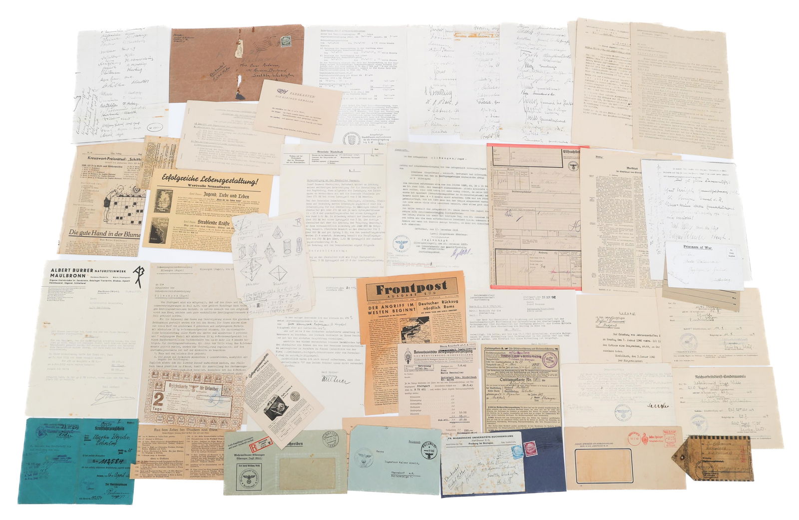 WWI - WWII GERMAN DOCUMENTS & LETTERS: WWI - WWII GERMAN DOCUMENTS & LETTERS WWI - WWII German Documents and Letters. Includes a variety of typed letters between German citizens and officials, receipts, Front Post news and more.