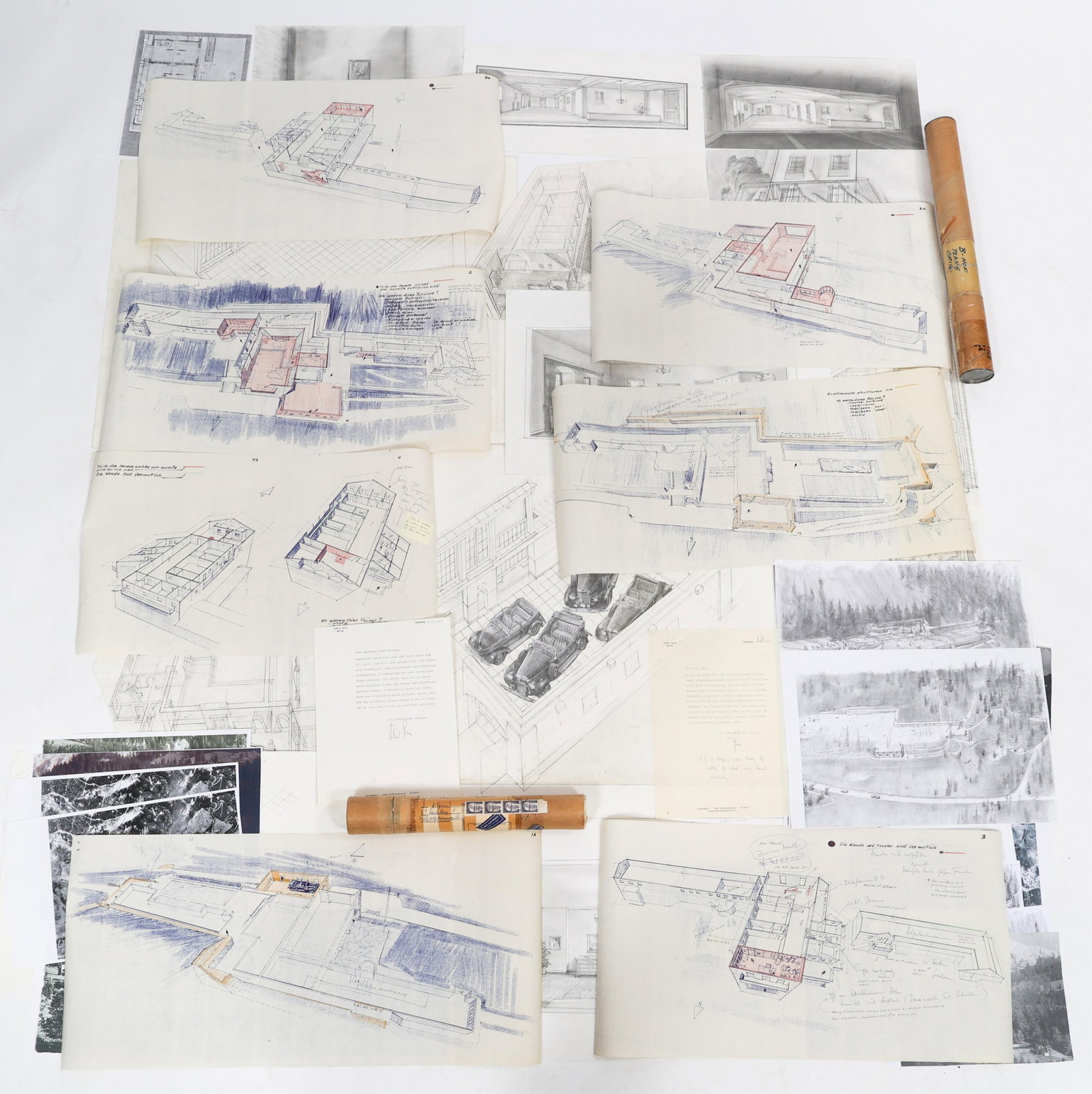 POST-WWII ALBERT SPEER SIGNED LETTER & SKETCHES: POST-WWII ALBERT SPEER SIGNED LETTER & SKETCHES Post-WWII German Reichsminister Albert Speer Typed, Hand Signed Letter & Berghof Architectural Sketch Comments. (1) Collection of seven architectural sk