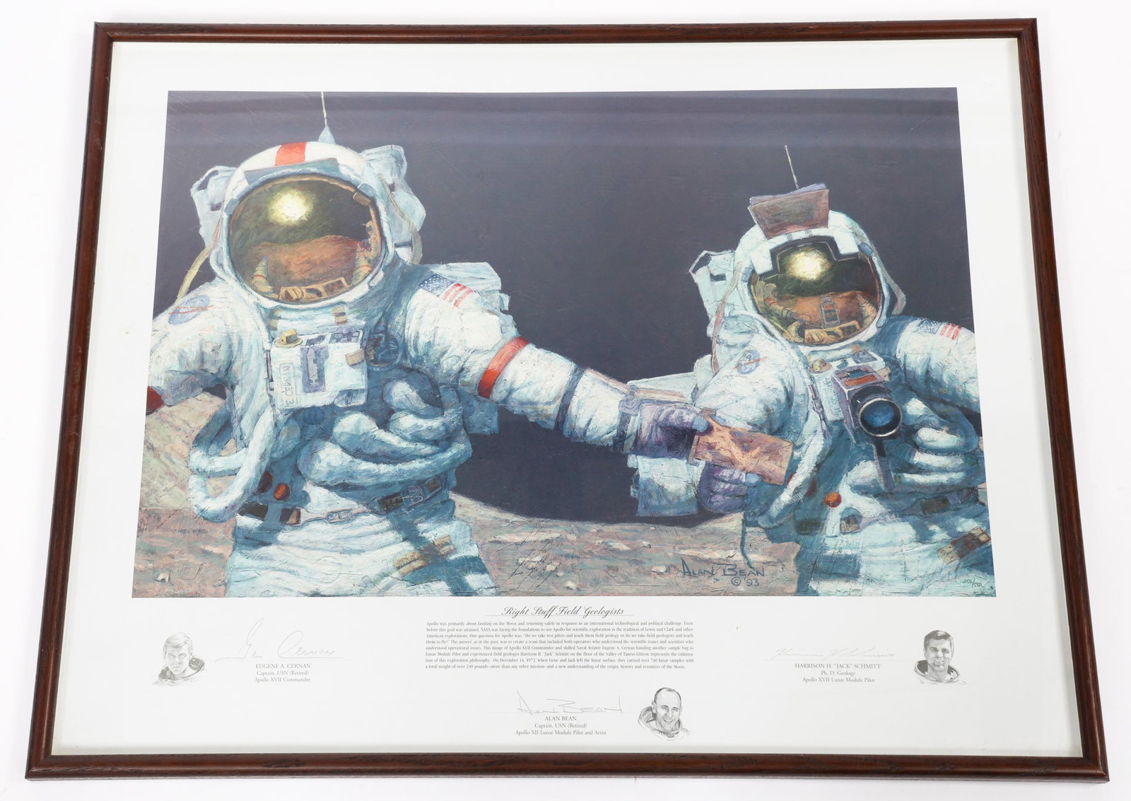 BEAN "RIGHT STUFF FIELD GEOLOGISTS" LITHOGRAPH: BEAN "RIGHT STUFF FIELD GEOLOGISTS" LITHOGRAPH Alan Bean "Right Stuff Field Geologists" Signed Lithograph. Edition 256/500. Hand signed by Alan Bean, Eugene Cernan, Harrison Schmitt. Third party Certi