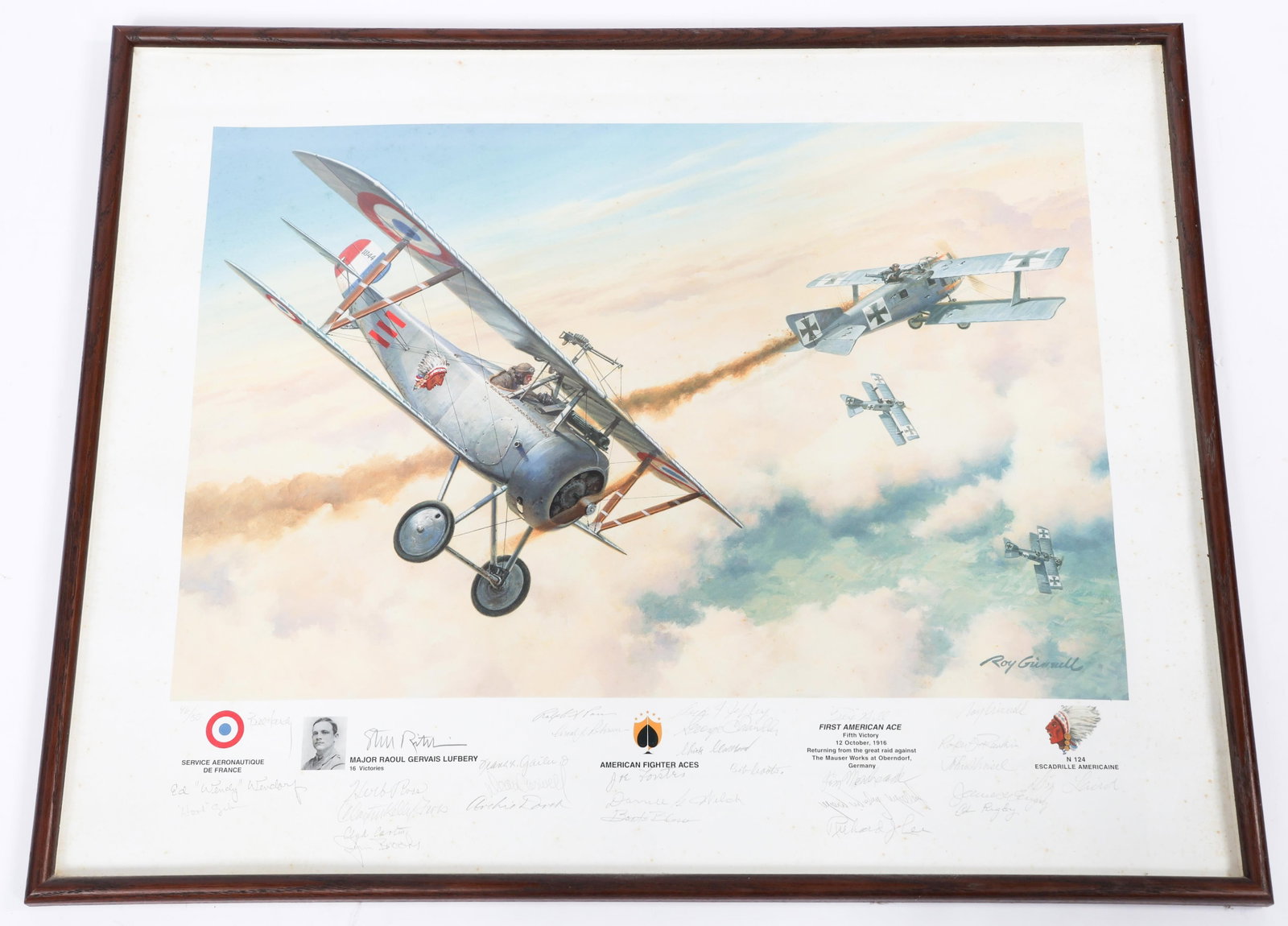 GRINNELL "AMERICAN FIGHTER ACES" SIGNED LITHOGRAPH: GRINNELL "AMERICAN FIGHTER ACES" SIGNED LITHOGRAPH Roy Grinnell "American Fighter Aces" Ace Signed Lithograph. Edition 46/50. Hand signed by Grinnell and several American Fighter Aces such as James Bo