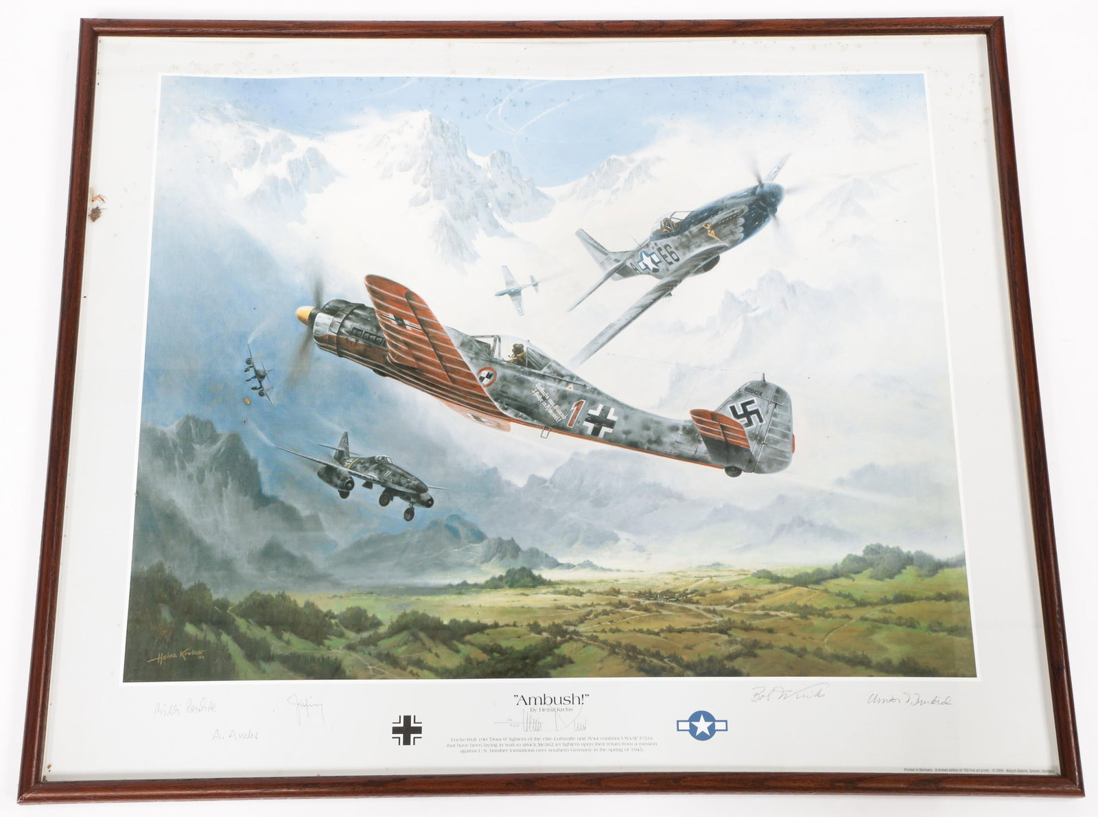 HEINZ KREBS "AMBUSH" SIGNED LITHOGRAPH: HEINZ KREBS "AMBUSH" SIGNED LITHOGRAPH Heinz Krebs "Ambush" Signed Lithograph. Edition 14/750. Hand signed by Krebs, USAAF and Luftwaffe Pilots Oberfeldwebel Willi Reschke, Leutnant Alfred Ambs, Feldw