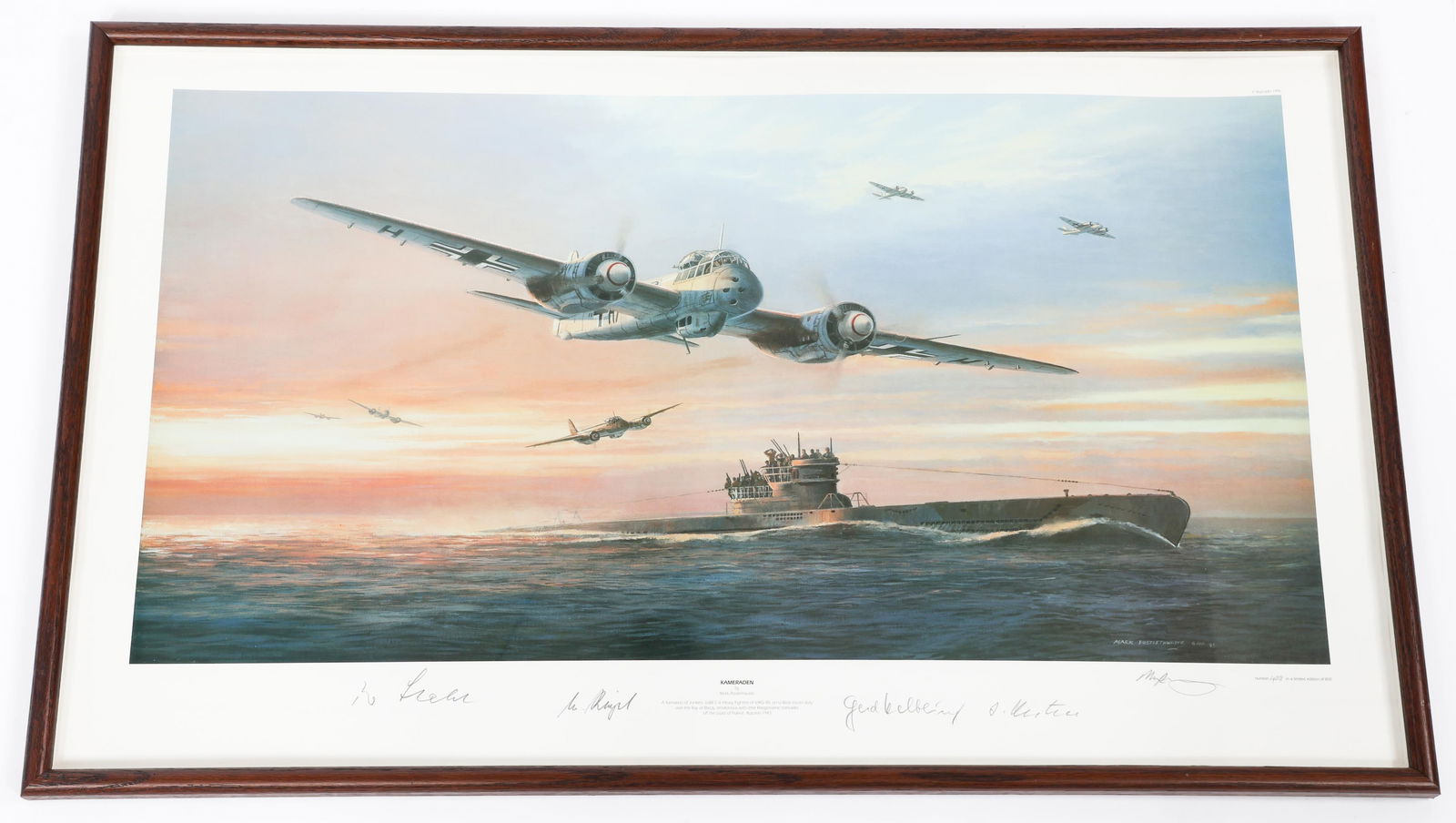 MARK POSTLETHWAITE "KAMERADEN" SIGNED LITHOGRAPH: MARK POSTLETHWAITE "KAMERADEN" SIGNED LITHOGRAPH Mark Postlethwaite "Kameraden" Signed Lithograph. Edition 408/850. Hand signed by Postlethwaite, JU88 Pilots Wilhelm Stahl and Manfred Riegel, as well