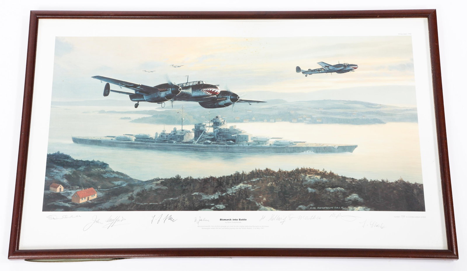 POSTLETHWAITE "BISMARCK INTO BATTLE" LITHOGRAPH: POSTLETHWAITE "BISMARCK INTO BATTLE" LITHOGRAPH Mark Postlethwaite "Bismarck Into Battle" Signed Lithograph. Edition 170/850. Hand signed by Postlethwaite and Hans-Joachim Jabs, Hans Hellwig, Herbert 