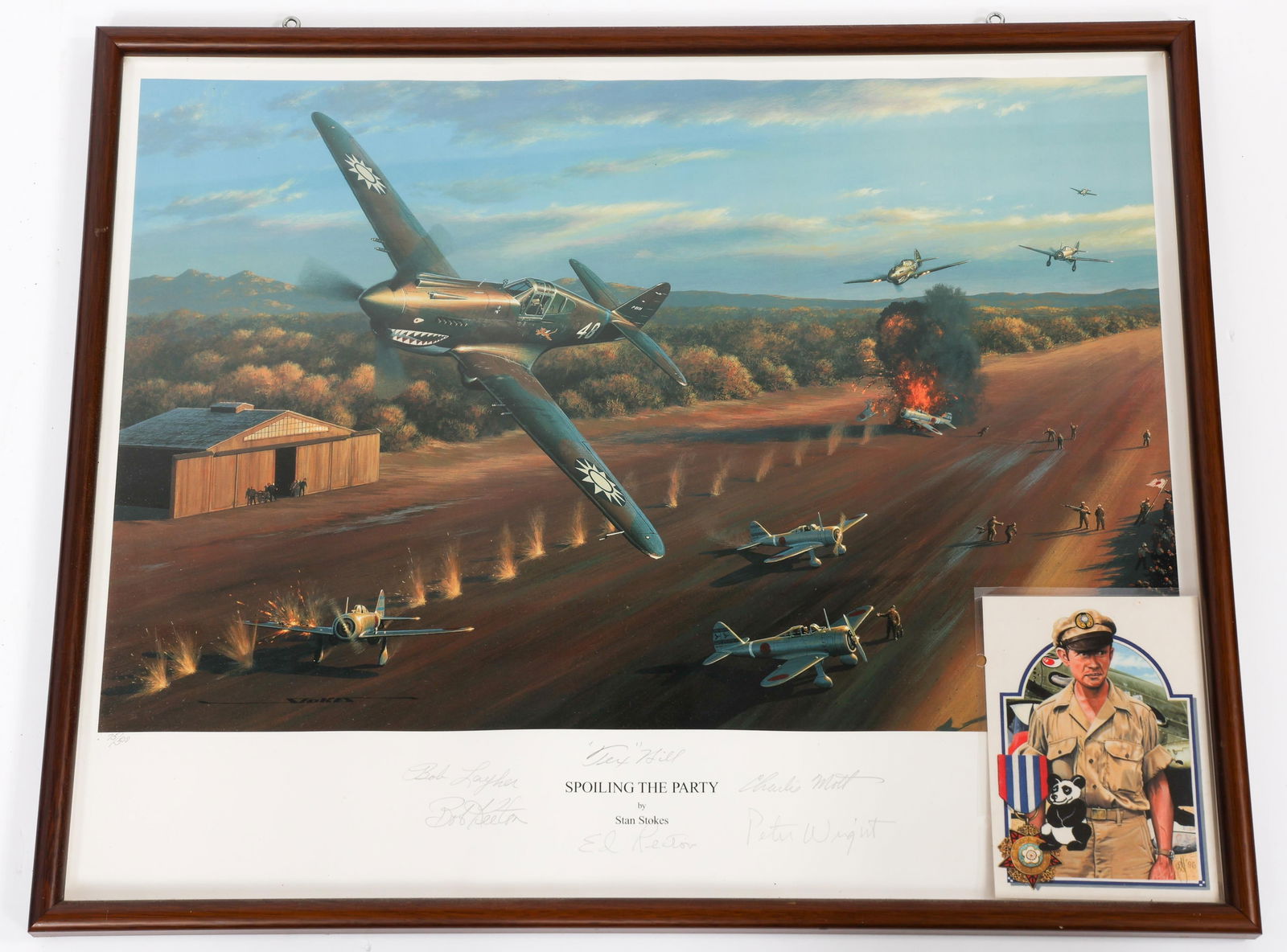 STAN STOKES "SPOILING THE PARTY" SIGNED LITHOGRAPH: STAN STOKES "SPOILING THE PARTY" SIGNED LITHOGRAPH Stan Stokes "Spoiling The Party" Signed Lithograph. Edition 75/500. Hand signed by Stokes and CBI Flying Tigers members Tex Hill, Ed Rector, Robert K