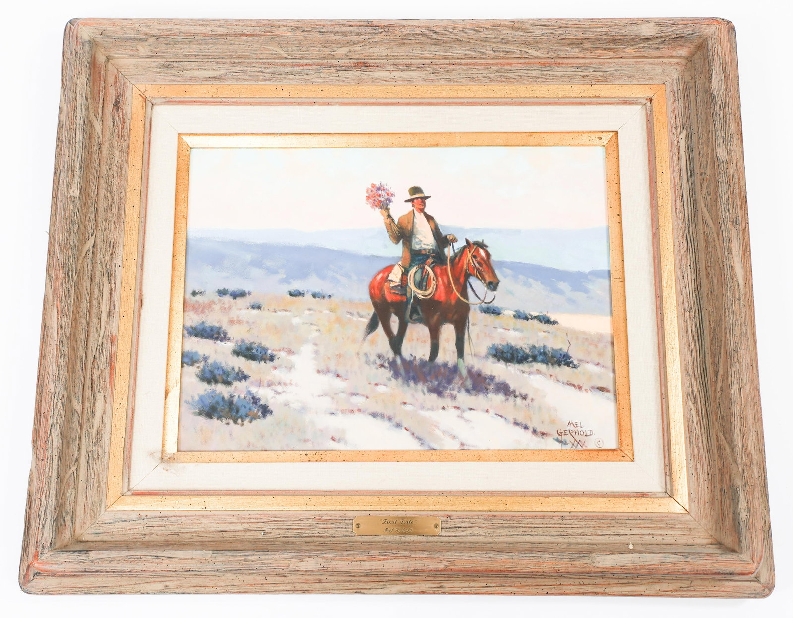 MEL GERHOLD "FIRST DATE" OIL ON BOARD PAINTING: MEL GERHOLD "FIRST DATE" OIL ON BOARD PAINTING Mel Gerhold's "First Date" Oil on Board Painting. Depicts a horseback young cowboy holding a bouquet of flowers. Hand signed by Gerhold. Size: 21 1/4" x 