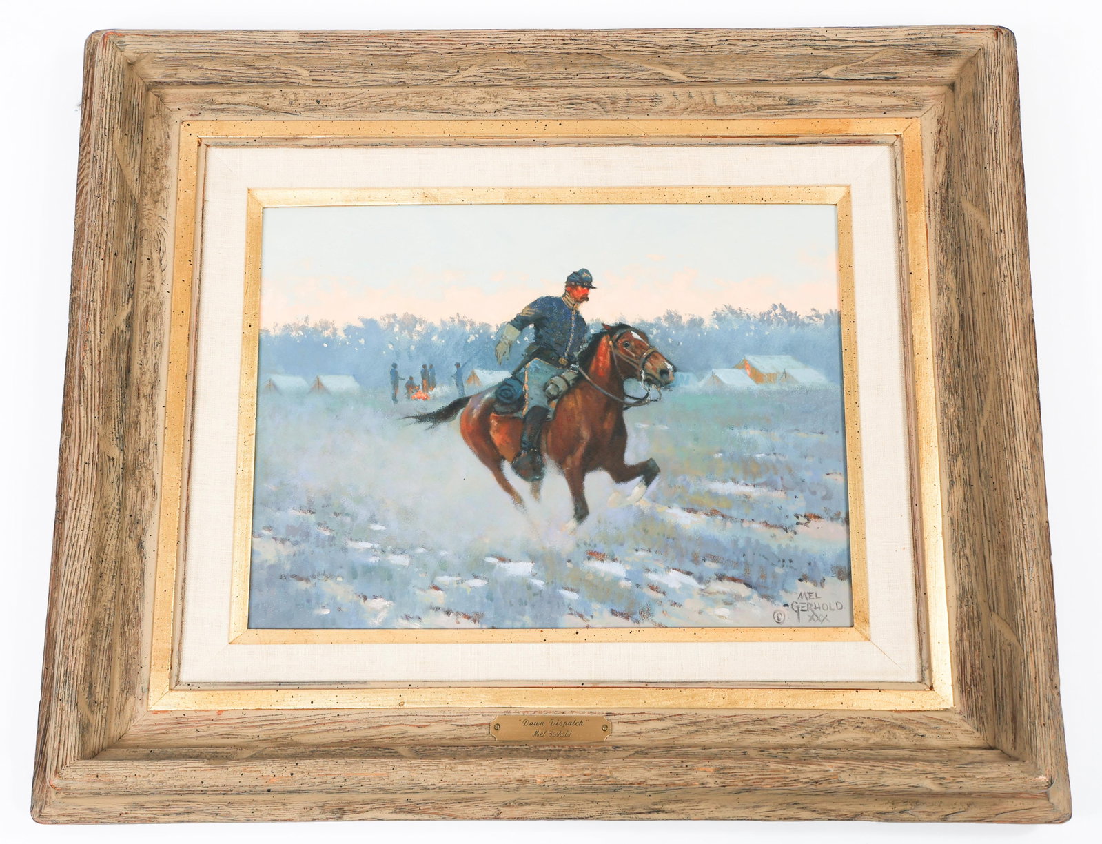 MEL GERHOLD "DAWN DISPATCH" OIL ON BOARD PAINTING: MEL GERHOLD "DAWN DISPATCH" OIL ON BOARD PAINTING Mel Gerhold's "Dawn Dispatch" Oil on Board Painting. Depicts a horseback Union cavalry soldier leaving camp. Hand signed by Gerhold. Size: 21 1/4" x 2