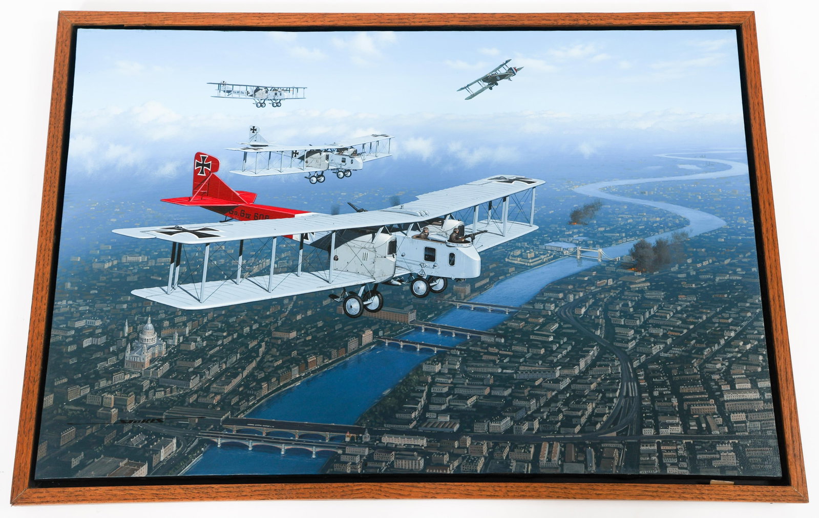 STAN STOKES "FIRST BATTLE OF BRITAIN" OIL PAINTING: STAN STOKES "FIRST BATTLE OF BRITAIN" OIL PAINTING Framed 1997 Stan Stokes Original "First Battle of Britain Painting. Oil on canvas. Signed by Stokes and marked on the backside. Size: 27" x 38"