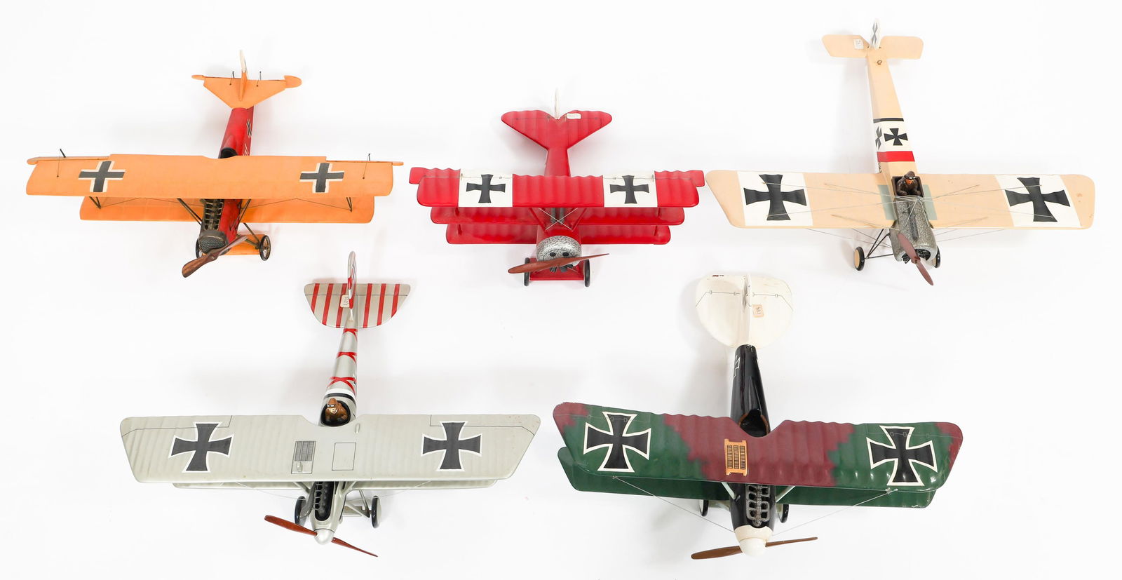 WWI IMPERIAL GERMAN MODEL FIGHTER PLANES: WWI IMPERIAL GERMAN MODEL FIGHTER PLANES WWI Imperial German Model Fighter Planes. Includes Fokker D.VII, Fokker Dr.I, Pfalz D.III, Albatros D.V, and Fokker E.III models. Painted mahogany and wood fra