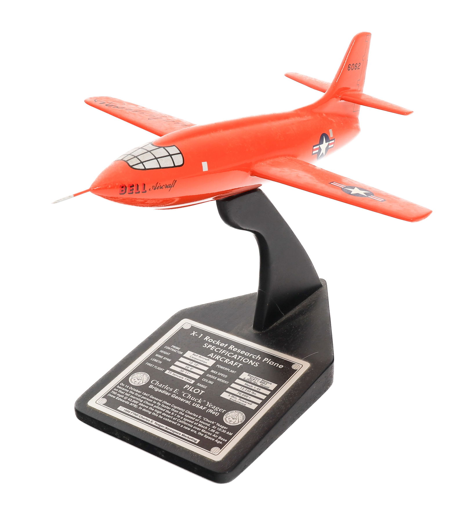 CHUCK YEAGER SIGNED X-1 ROCKET PLANE MODEL: CHUCK YEAGER SIGNED X-1 ROCKET PLANE MODEL Chuck Yeager Signed Bell X-1 Rocket Plane Model. Painted mahogany construction. Hand signed on the wing by Yeager. Wooden stand with data plate. Size: 12" 10