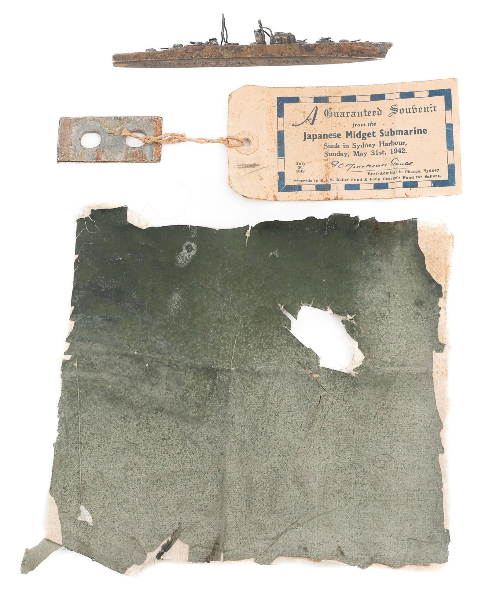 WWII JAPANESE MIDGET SUB & BETTY PLANE PART & SHIP: WWII JAPANESE MIDGET SUB & BETTY PLANE PART & SHIP WWII Imperial Japanese Midget Submarine Piece, Mitsubishi MG4 "Betty" Aileron fabric, and Destroyer Model. (1) Midget Submarine Piece. Taken from the