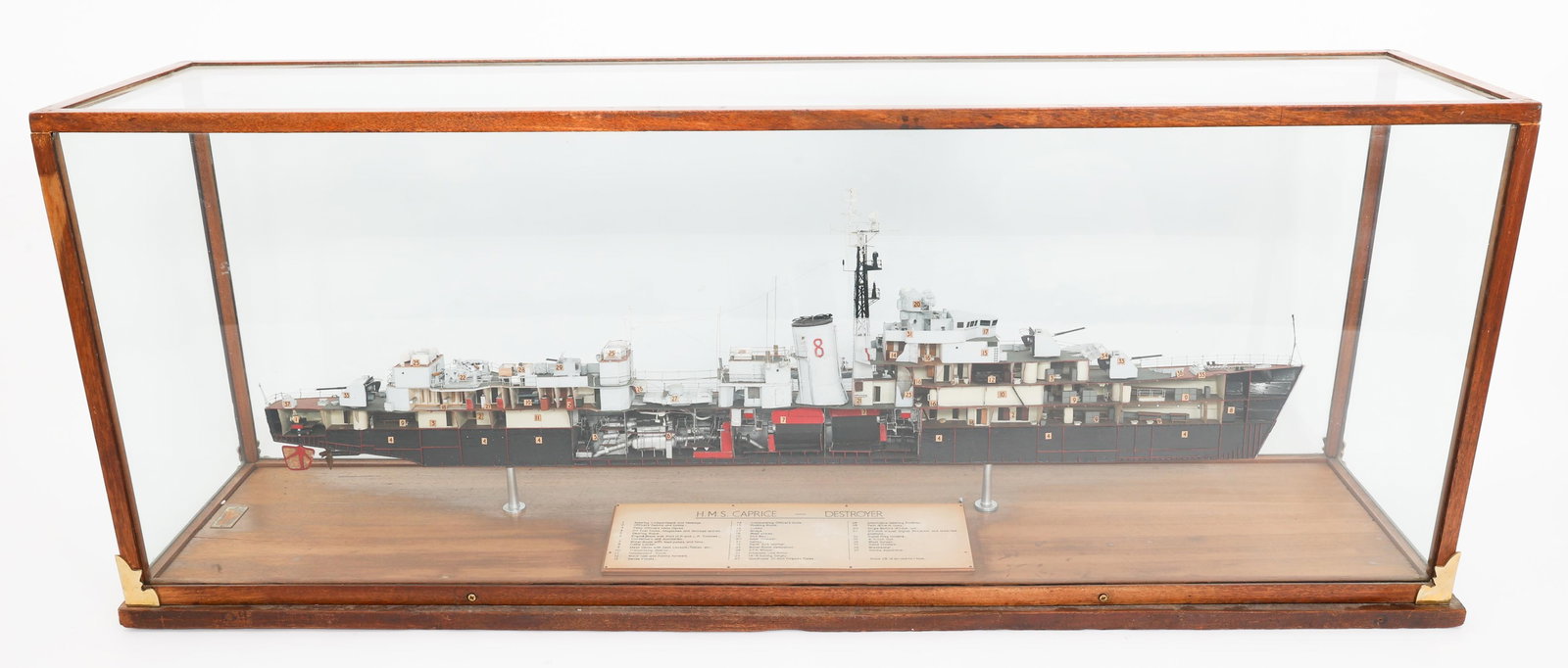 BRITISH IMPERIAL WAR MUSEUM HMS CAPRICE MODEL: BRITISH IMPERIAL WAR MUSEUM HMS CAPRICE MODEL Glass Encased British Imperial War Museum Model of the WWII Royal Navy Destroyer HMS Caprice. Cutaway sectioned ship displaying the interior compartments 