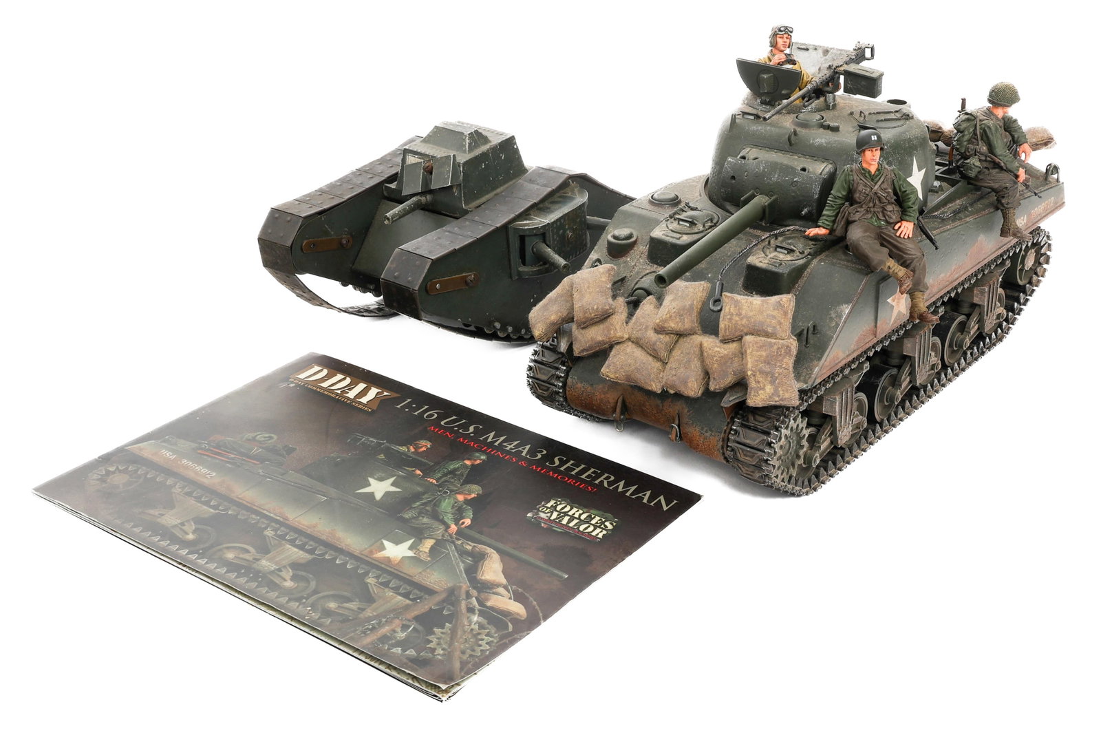 US & UK MINIATURE TOY TANKS & M4A3 SHERMAN BOOK: US & UK MINIATURE TOY TANKS & M4A3 SHERMAN BOOK US and UK Miniature Toy Tanks and M4A3 Sherman Book. (1) British Mk V. Removable tracks. (1) US Sherman. Includes 3 figurines. (1) M4A3 Sherman Tank Boo