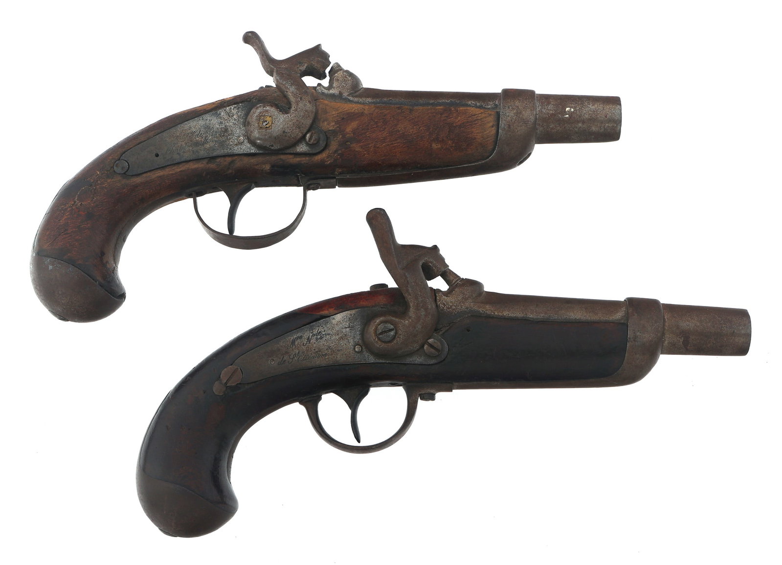 FRENCH MODEL 1842 PISTOLS: FRENCH MODEL 1842 PISTOLS Two French Model1842 percussion pistols. A) French Model 1842 .60 caliber percussion pistol. Side plate stamped "Rle de / Chatellerault?. Breech stamped "Mle 1842". Wood stoc