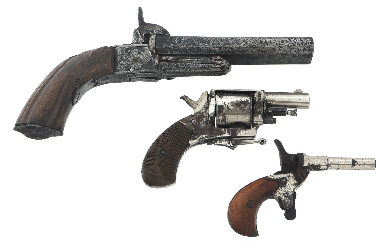 ANTIQUE PISTOLS: ANTIQUE PISTOLS Three antique pistols. A) Belgian .30 caliber folding trigger revolver. Nickel plated. Checkered wood grips. Fixed sight. Five shot fluted cylinder. B) Spanish .45 caliber double barre