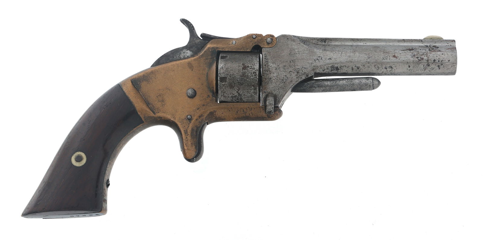 SMITH & WESSON MODEL 1 .22 CALIBER TIP UP REVOLVER: SMITH & WESSON MODEL 1 .22 CALIBER TIP UP REVOLVER Smith & Wesson Model 1 .22 caliber tip up single action revolver. Brass frame. Wood grips. Fixed sights. Seven shot smooth cylinder. Caliber / Gauge: