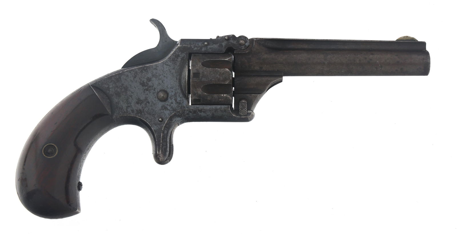 SMITH & WESSON MODEL No 1 3rd ISSUE .22 REVOLVER: SMITH & WESSON MODEL No 1 3rd ISSUE .22 REVOLVER Smith & Wesson Model No 1 3rd issue .22 caliber single action tip up revolver. Wood grips. Fixed sights. Seven shot fluted cylinder. Caliber / Gauge: 2