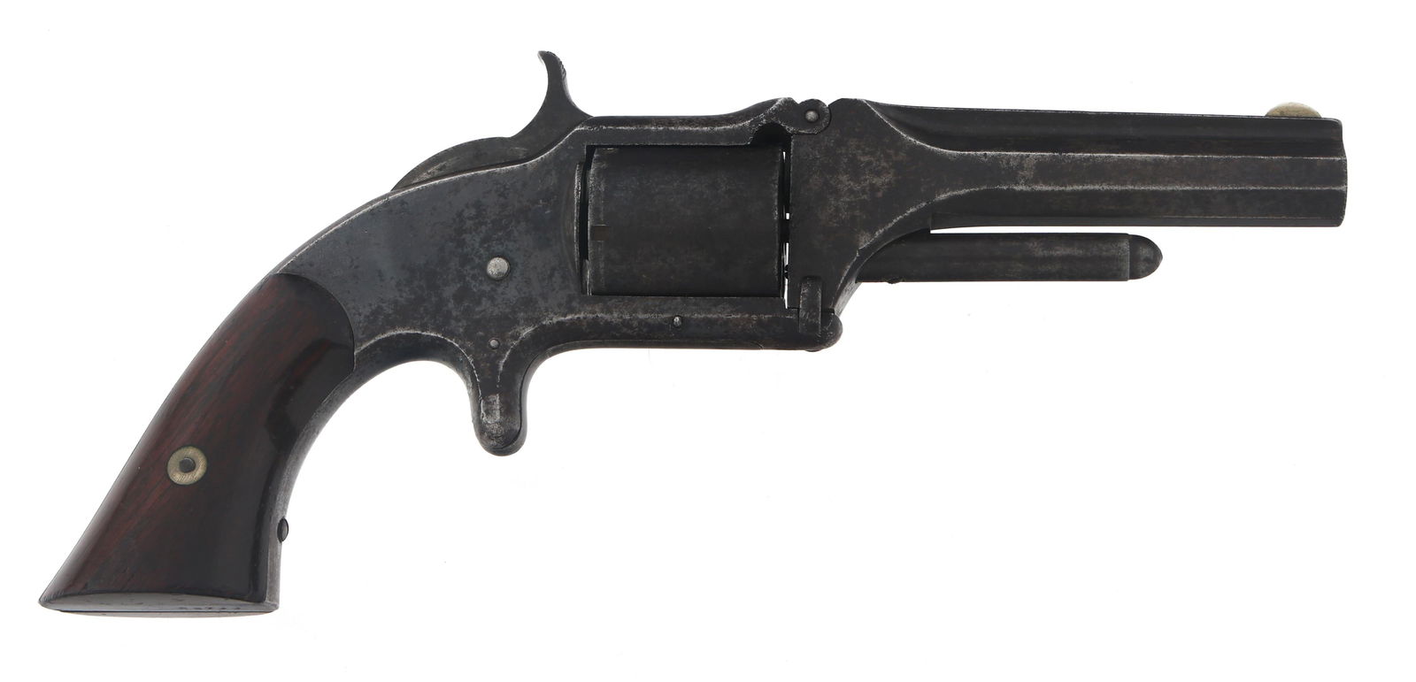 SMITH & WESSON MODEL 1 1/2 1ST ISSUE REVOLVER: SMITH & WESSON MODEL 1 1/2 1ST ISSUE REVOLVER Smith & Wesson Model One and a Half 1st issue .32 caliber tip up spur trigger revolver. Wood grips. Smooth five shot cylinder. Caliber / Gauge: 32 Barrel
