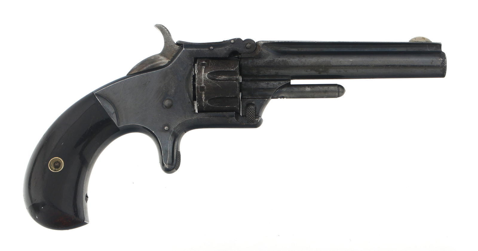 SMITH & WESSON No 1 3rd ISSUE .22 S CAL REVOLVER: SMITH & WESSON No 1 3rd ISSUE .22 S CAL REVOLVER Smith & Wesson Model no.1 3rd issue .22 Short caliber single action tip up revolver. Blued finish. Wood grips. Seven shot fluted cylinder. Caliber / Ga