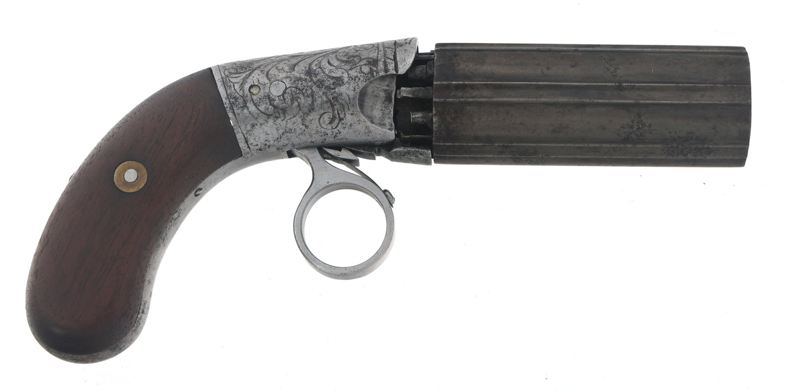 BLUNT & SYMS R-C SIX SHOT PEPPERBOX REVOLVER: BLUNT & SYMS R-C SIX SHOT PEPPERBOX REVOLVER Blunt & SYMS R-C .32 caliber six shot pepperbox revolver. Cylinder stamped "R-C". Engraved frame. Ring trigger. Wood grips. Replaced trigger and grips by C