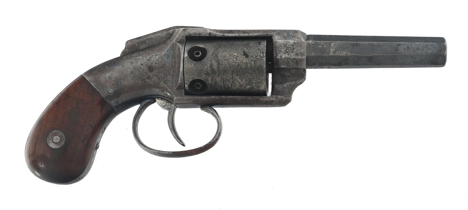 ALLEN & WHEELOCK .32 CALIBER PERCUSSION REVOLVER: ALLEN & WHEELOCK .32 CALIBER PERCUSSION REVOLVER Allen & Wheelock .32 caliber percussion Bar Hammer revolver. Serial numbers match on barrel, frame, cylinder, and both grips. Cylinder engraved with hu