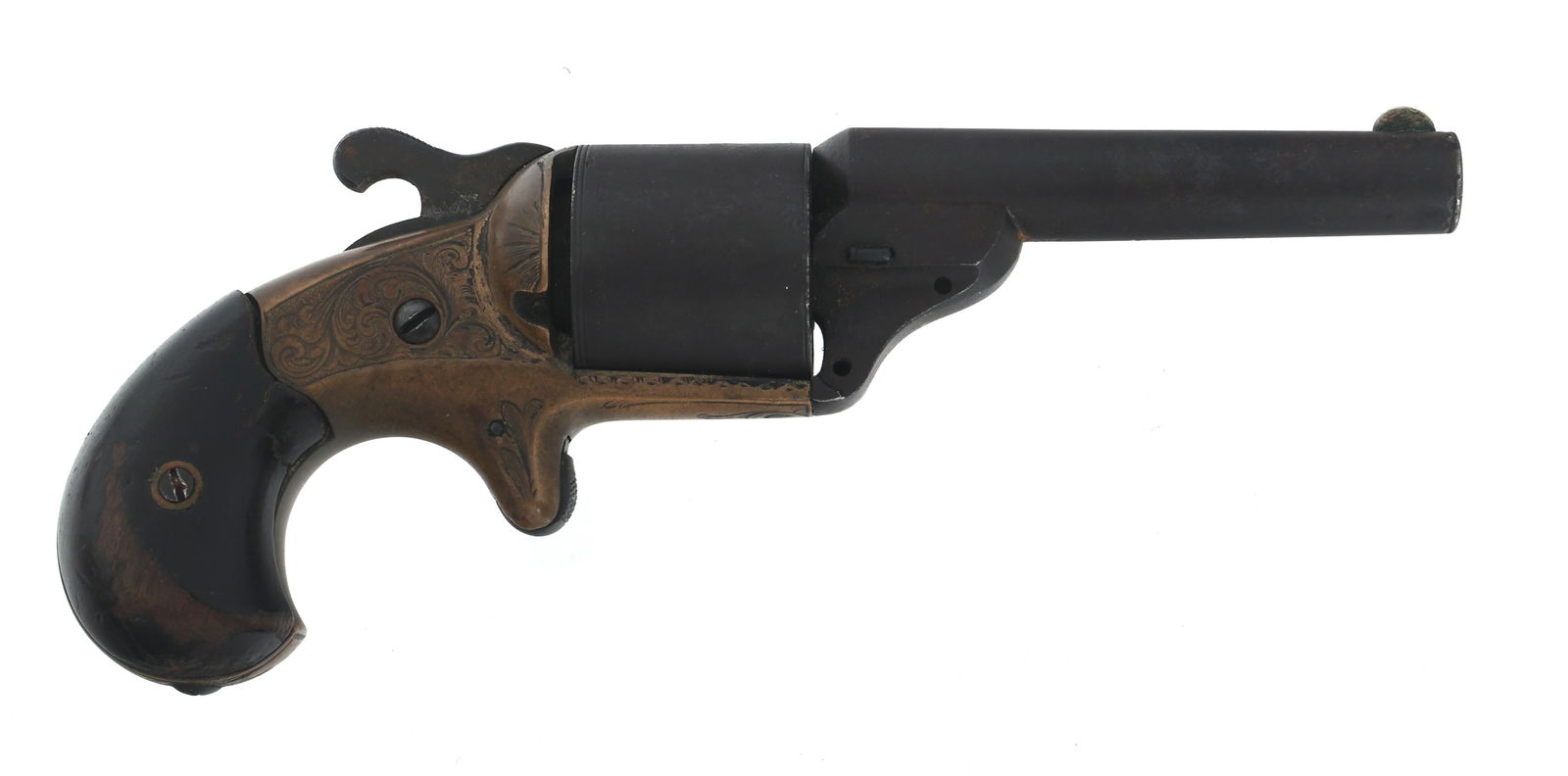 MOORE'S PATENT .32 CALIBER TEAT FIRE REVOLVER: MOORE'S PATENT .32 CALIBER TEAT FIRE REVOLVER Moore's Patent front loading .32 caliber teat fire revolver. Cylinder stamped "D. Williamson's Patent January 5 1864". Blued finish. Engraved brass frame.