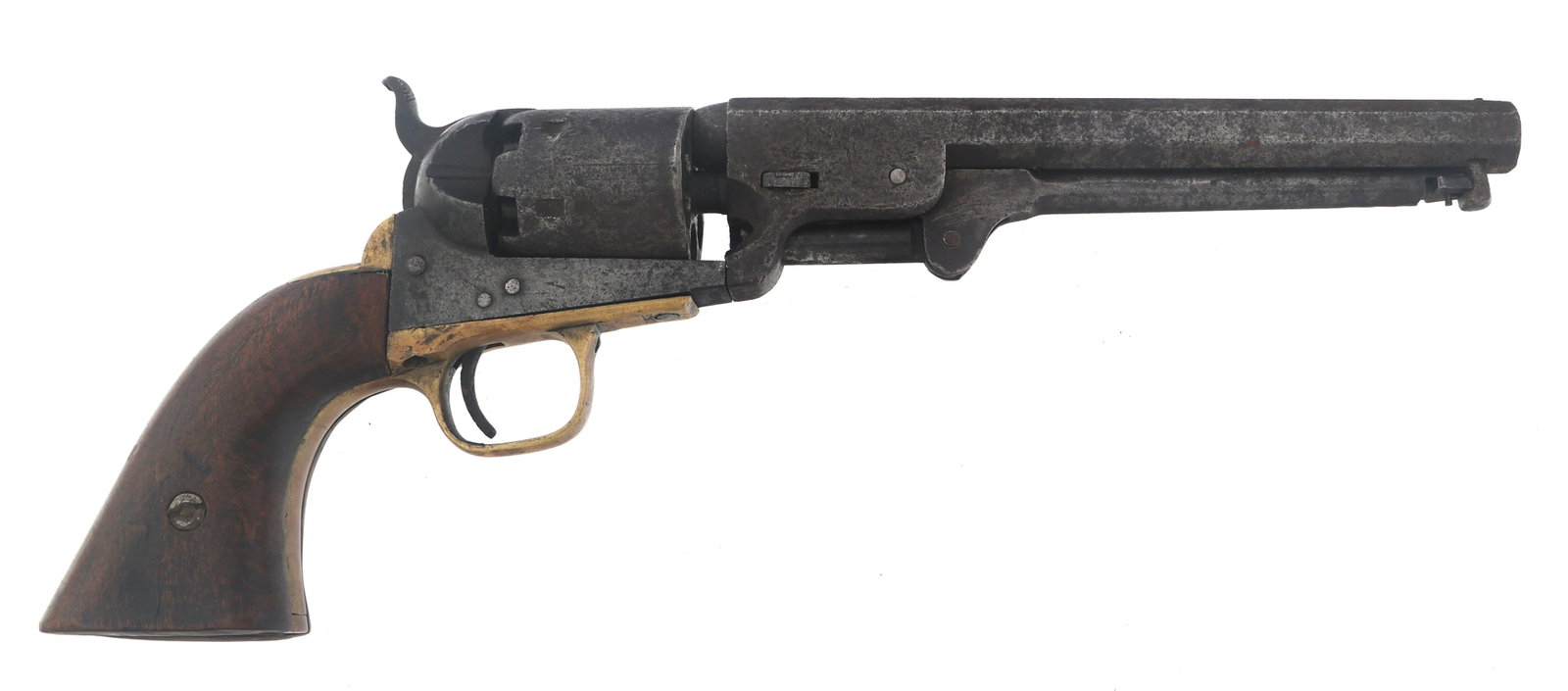 1862 COLT MODEL 1851 NAVY .38 CALIBER REVOLVER: 1862 COLT MODEL 1851 NAVY .38 CALIBER REVOLVER 1862 Colt Model 1851 Navy .38 caliber single action percussion revolver. Brass trigger guard and back strap. Wood grips. Six shot cylinder. Caliber / Gau