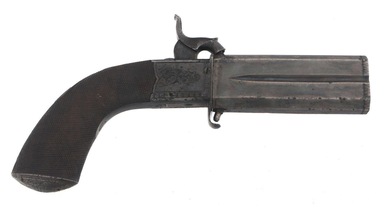 BRITISH SWIVEL BARREL PERCUSSION PISTOL: BRITISH SWIVEL BARREL PERCUSSION PISTOL British .50 caliber swivel barrel percussion pistol. J. Harper Maker stamped on left receiver. British proof marks on barrel. Engraved receiver. Folding trigger