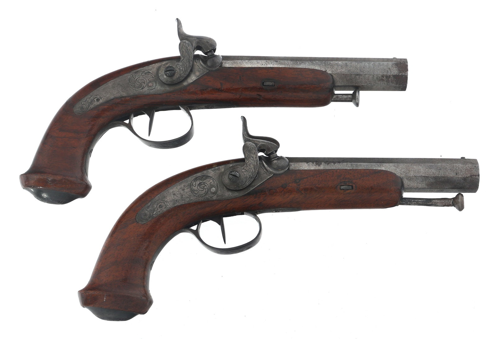 PAIR OF .58 CALIBER PERCUSSION PISTOLS: PAIR OF .58 CALIBER PERCUSSION PISTOLS Two .58 caliber percussion pistols. A) 4.5" octagonal barrel. Engraved receiver, trigger guard, and butt cap. 32 stamped on barrel bottom and pin. JD stamped on 