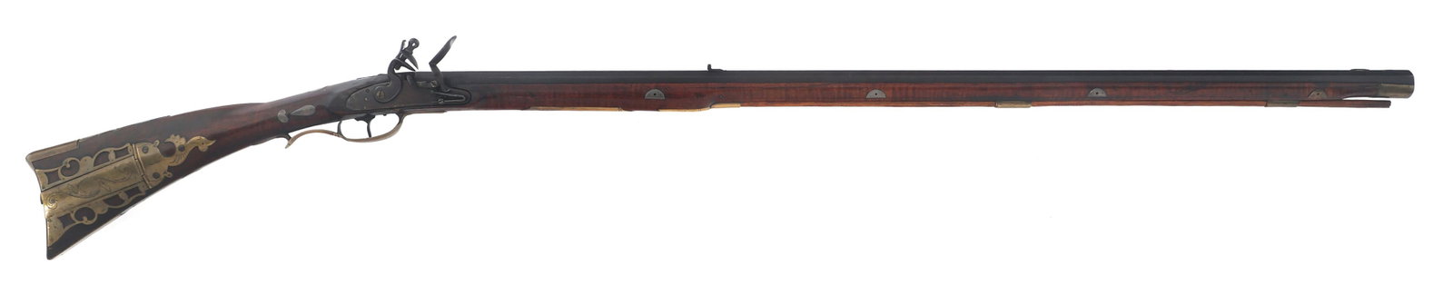 J BROOKS .54 CALIBER AMERICAN LONG RIFLE: J BROOKS .54 CALIBER AMERICAN LONG RIFLE J Brooks .54 caliber flintlock American Long Rifle. 40 1/2 inch octagonal barrel. Top of barrel engraved with partially legible J Brooks signature. Full wood s