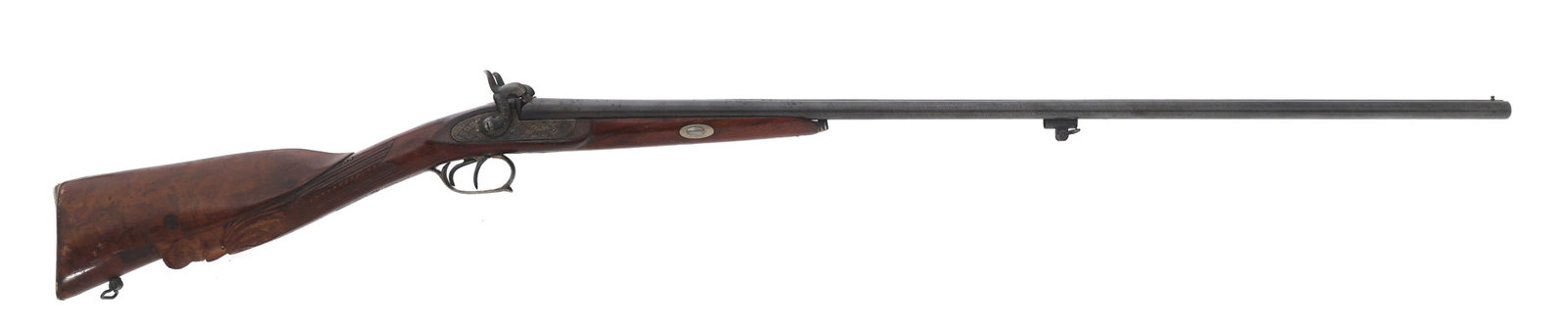 BELGIAN PERCUSSION 45 CAL SIDE BY SIDE SHOTGUN: BELGIAN PERCUSSION 45 CAL SIDE BY SIDE SHOTGUN Belgian Percussion 45 caliber side by side shotgun. Damascus barrels. Bead sight. Engraved side plates. Wood stock with carved face. Metal butt plate. Ca