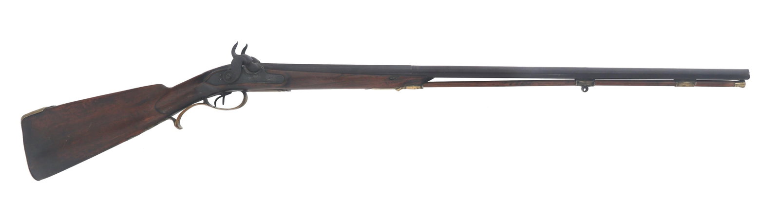 PERCUSSION DOUBLE BARREL 16 GAUGE SHOTGUN: PERCUSSION DOUBLE BARREL 16 GAUGE SHOTGUN Percussion Double Barrel 16 Gauge Shotgun. Blued finish. Brass trigger guard and butt plate. Bead front sight. Double trigger. Wood stock. Ram rod. Caliber / 