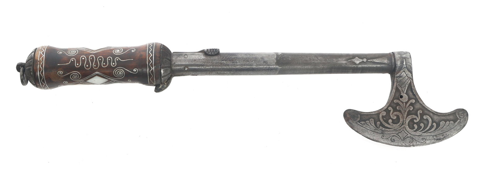 FANTASY .64 CALIBER HATCHET GUN INERT DISPLAY: FANTASY .64 CALIBER HATCHET GUN INERT DISPLAY Fantasy non-firing percussion hatchet gun display. Bore measures approximately .64 caliber / 16 gauge. Wood handle with Near East style wire and mother of