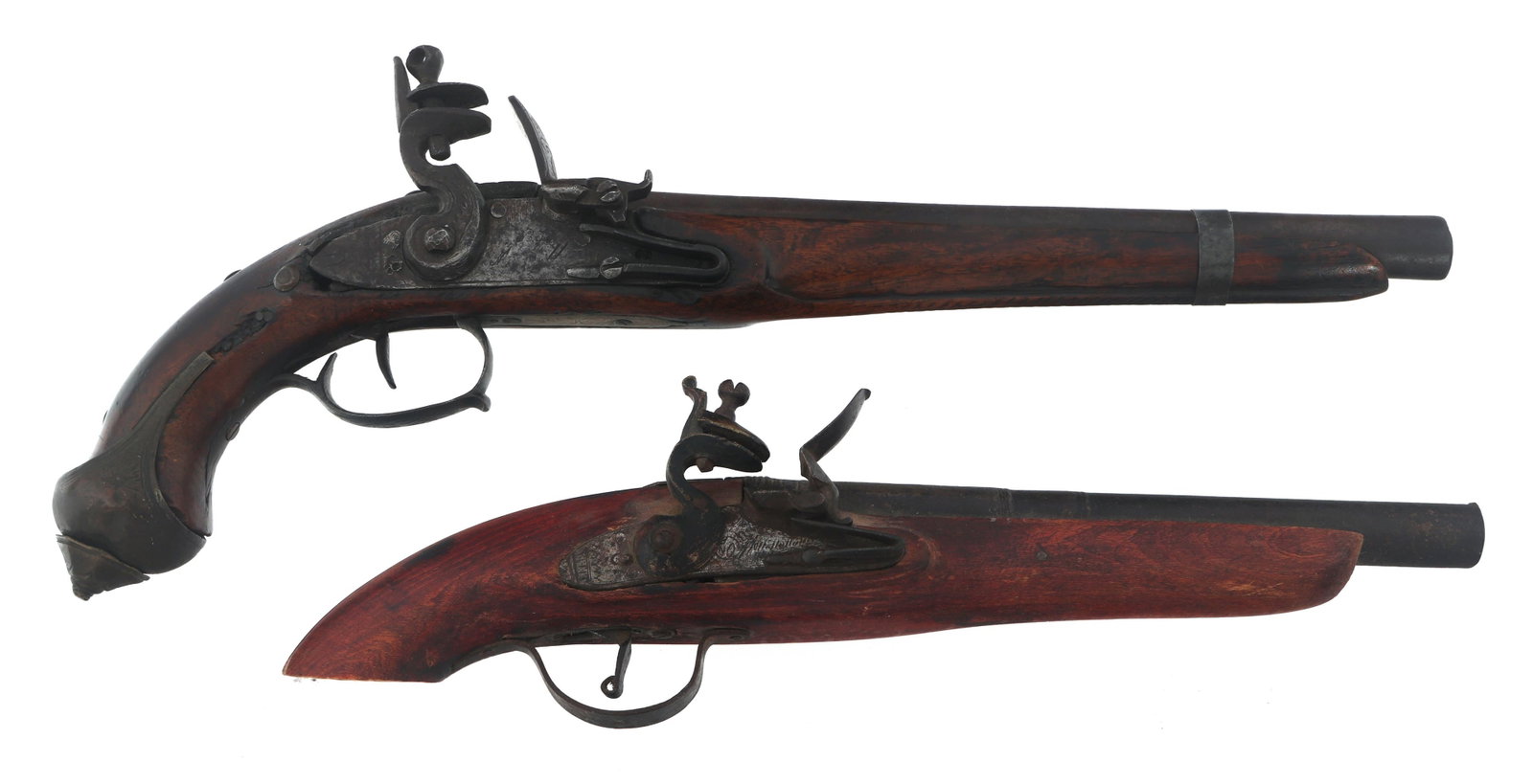FLINTLOCK PISTOLS FOR PARTS OR REPAIR: FLINTLOCK PISTOLS FOR PARTS OR REPAIR Two flintlock pistols for parts or repair. A) Flintlock .69 caliber pistol. 11" barrel. Wood stock. B) Flintlock .65 caliber pistol. 8.5" barrel. Wood stock. Cali