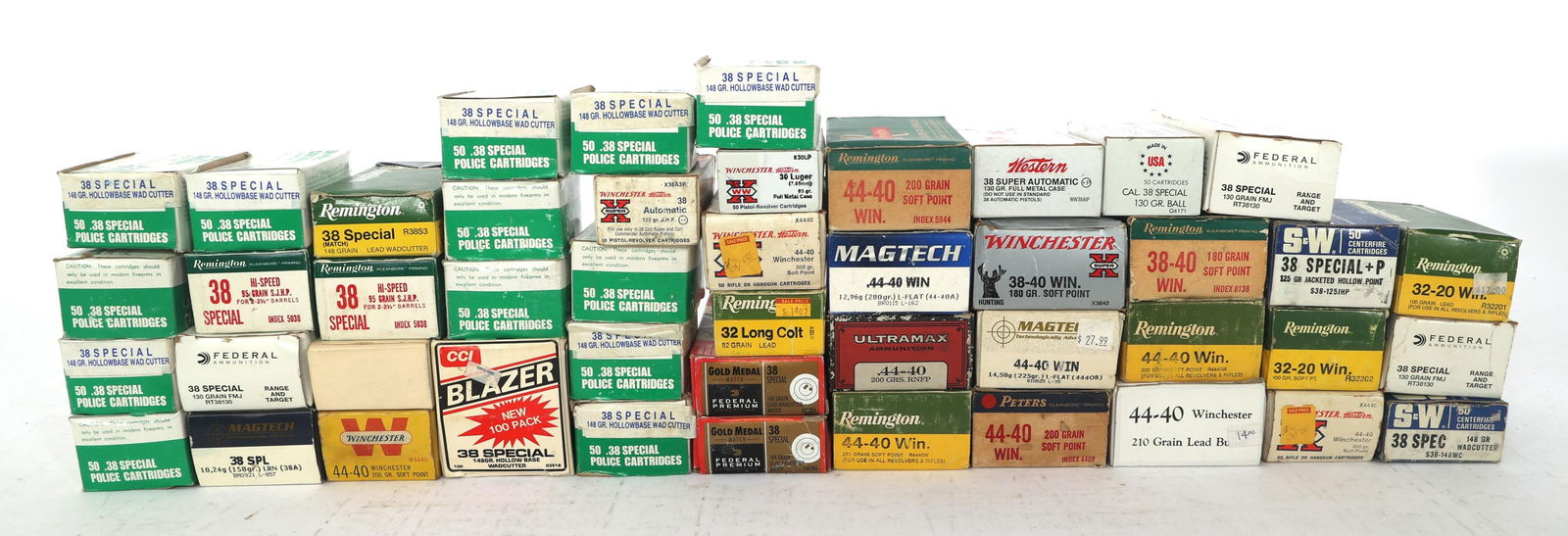 HANDGUN AND RIFLE AMMUNITION - 85 LBS TGW: HANDGUN AND RIFLE AMMUNITION - 85 LBS TGW 85 pounds total gross weight of handgun and rifle ammunition. Calibers include 38 Special, 32-20 Winchester, 32 Long Colt, 32 Smith & Wesson Long, 30 Luger, 3