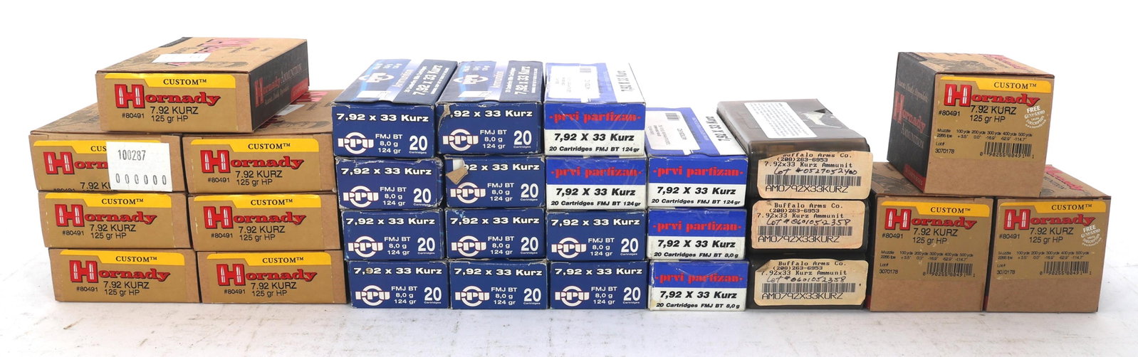 7.92x33mm KURZ CALIBER AMMUNITION - 22 POUNDS TGW: 7.92x33mm KURZ CALIBER AMMUNITION - 22 POUNDS TGW 22 pounds total gross weight of 7.92x33mm caliber ammunition. Brands include Hornady, PPU, and others. Weight includes all packaging. Boxes may be ope