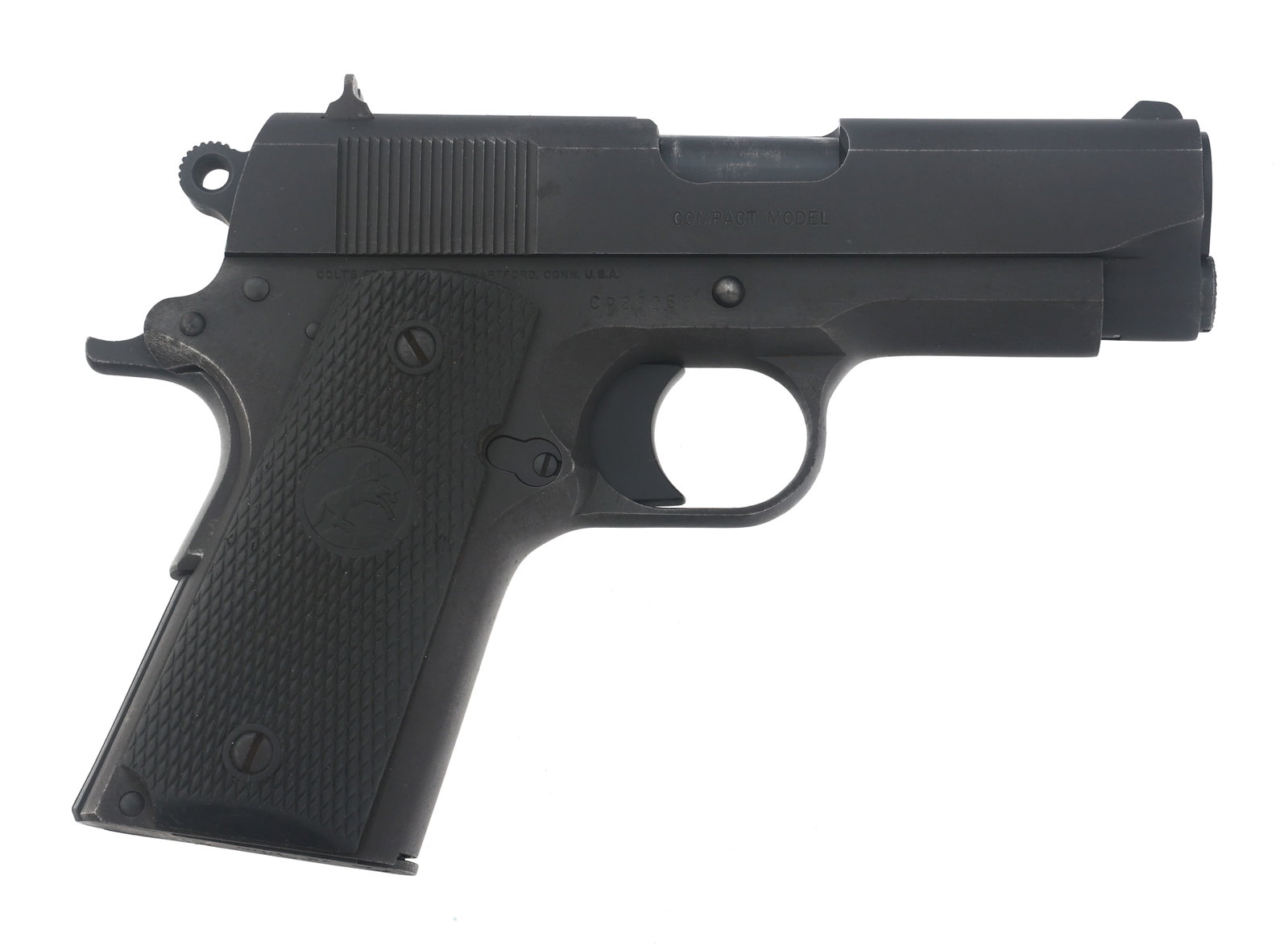 COLT MODEL M1991A1 COMPACT .45 ACP CALIBER PISTOL: COLT MODEL M1991A1 COMPACT .45 ACP CALIBER PISTOL Colt Model 1991A1 Compact .45 ACP caliber single action semi automatic Pistol. Matte black finish. COMPACT MODEL stamped on right side of slide. Front