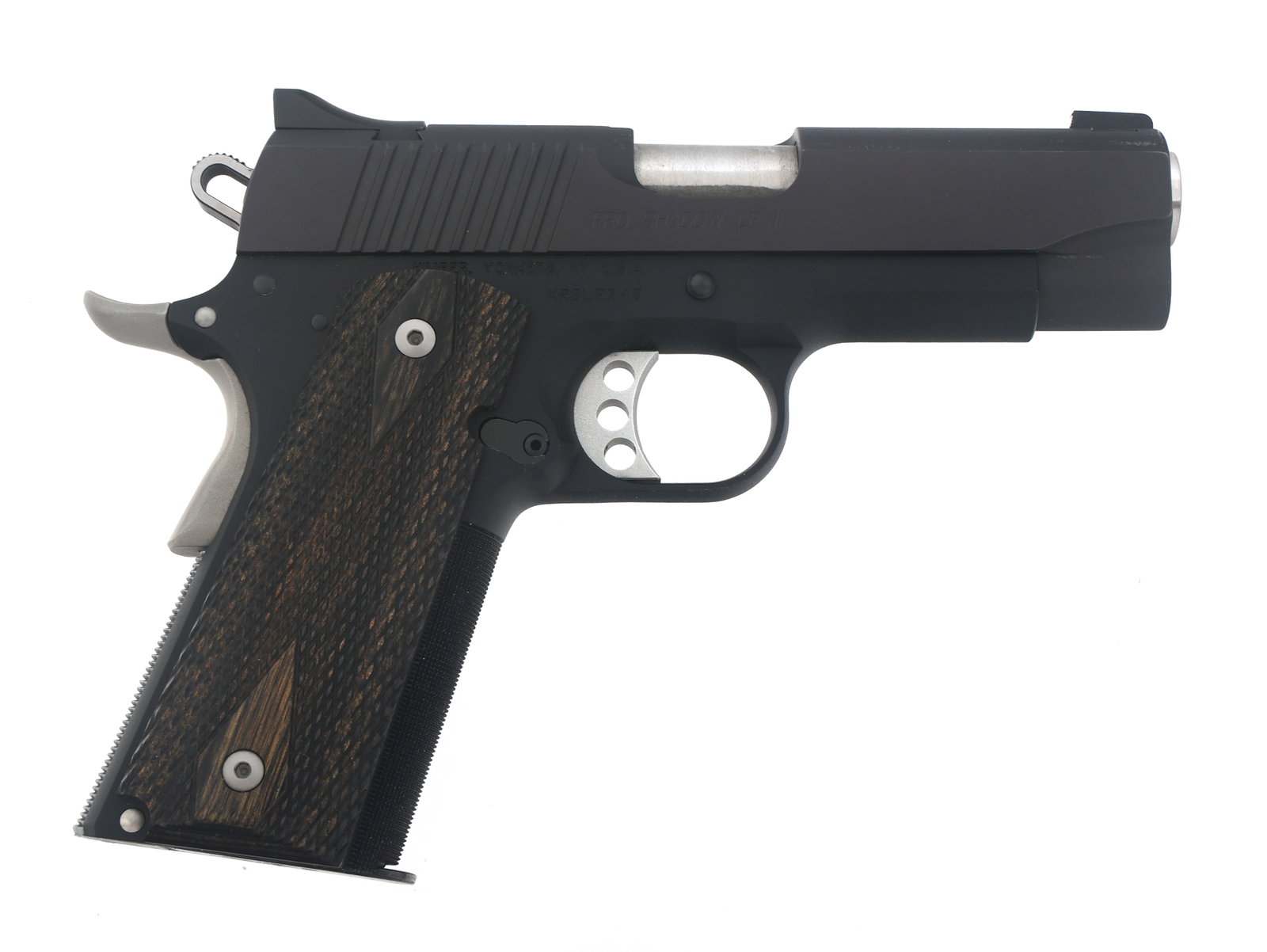 KIMBER MODEL PRO SHADOW LE II .45 CALIBER PISTOL: KIMBER MODEL PRO SHADOW LE II .45 CALIBER PISTOL Kimber Pro Shadow LE II .45 ACP caliber semi automatic pistol. Matte black finish. Checkered wood grips. One magazine. Caliber / Gauge: 45 ACP Barrel L