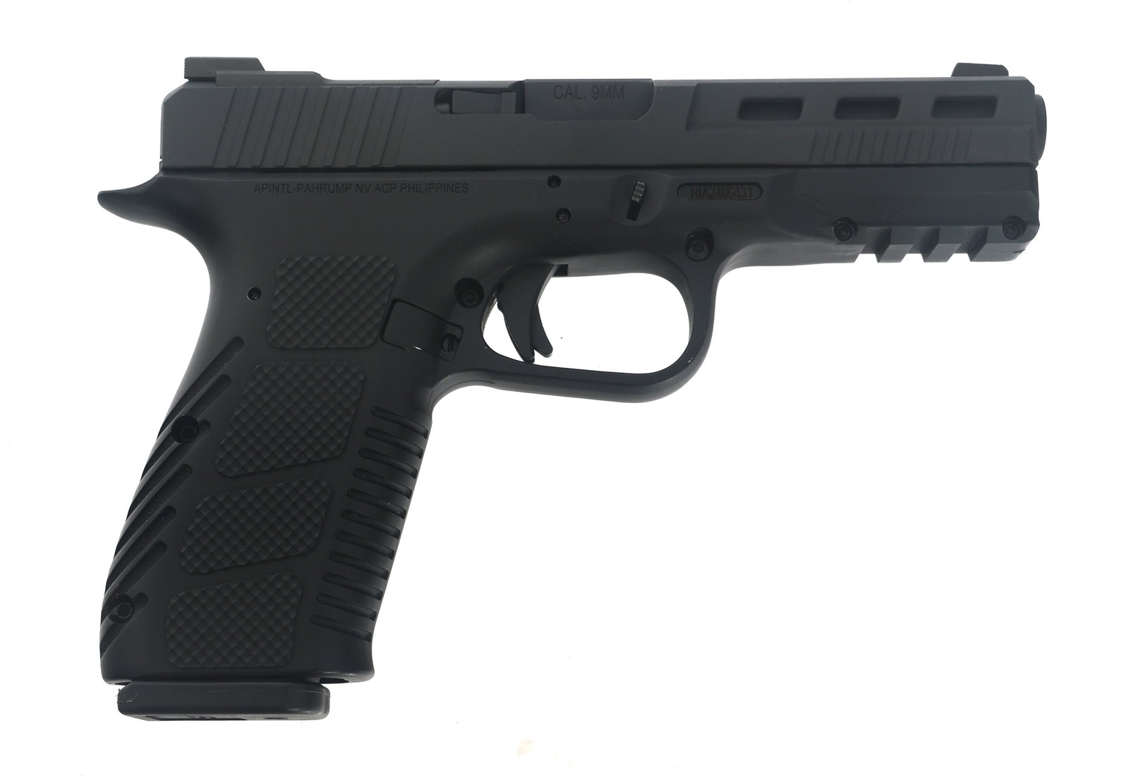 ROCK ISLAND ARMORY MODEL STK100 9mm CALIBER PISTOL: ROCK ISLAND ARMORY MODEL STK100 9mm CALIBER PISTOL Rock Island Armory Model STK100 9x19mm caliber semi automatic pistol. Import stamped "APINTL". Matte black finish. Polymer frame with checkered grips