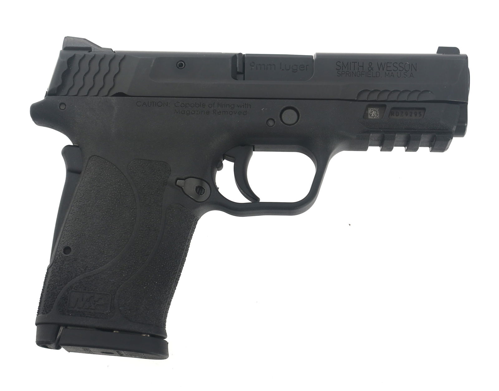 SMITH & WESSON MODEL M&P 9mm CAL SHIELD EZ PISTOL: SMITH & WESSON MODEL M&P 9mm CAL SHIELD EZ PISTOL Smith & Wesson Model M&P Shield EZ 9X19mm caliber semi automatic pistol. Matte black finish. Polymer frame with textured grips and accessory rail. Fix