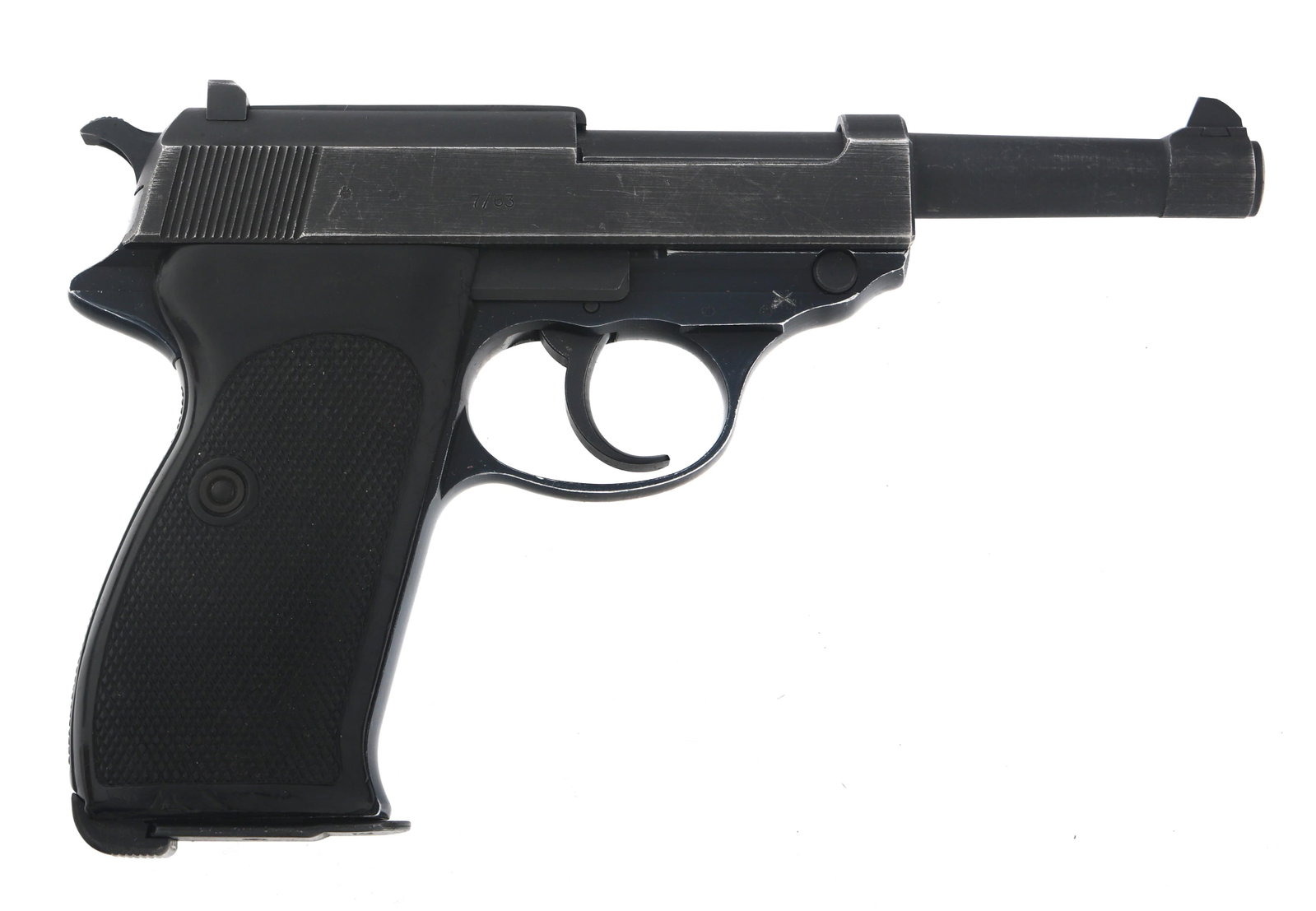INTERARMS WALTHER MODEL P-38 9mm CALIBER PISTOL: INTERARMS WALTHER MODEL P-38 9mm CALIBER PISTOL Interarms Walther Model P38 9x19mm caliber semi automatic pistol. Import stamped "Interarms". Right side of slide stamped "7/63" and Eagle over "165". R