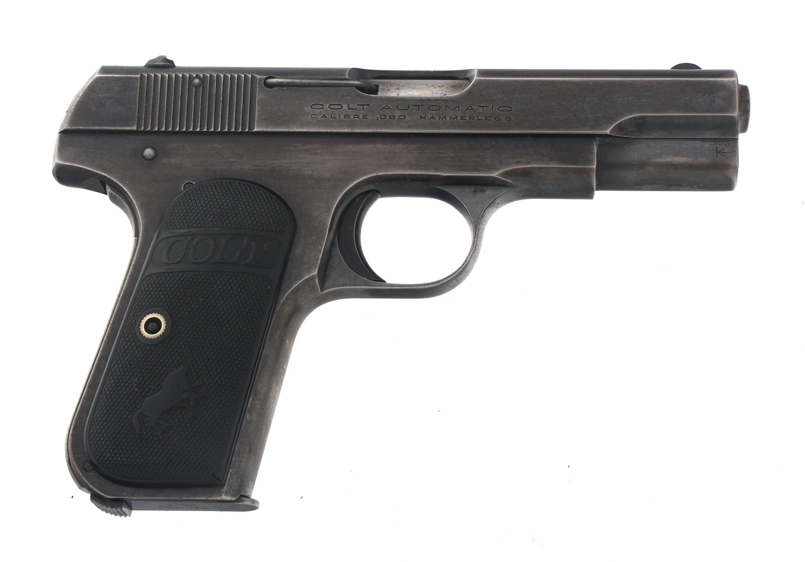 COLT MODEL 1908 POCKET HAMMERLESS .380 CAL PISTOL: COLT MODEL 1908 POCKET HAMMERLESS .380 CAL PISTOL 1923 Colt Model 1908 .380 ACP caliber semi automatic pistol. Blued finish. Checkered Colt grips. Fixed sights. One magazine. Caliber / Gauge: 380 ACP 