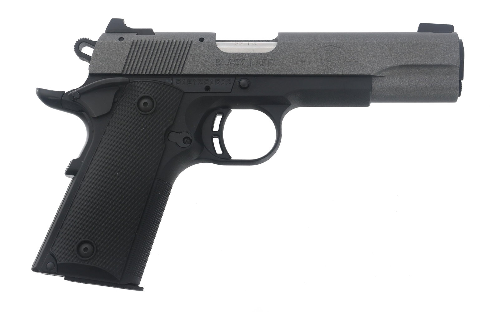 BROWNING 1911-22 BLACK LABEL 22 LR CALIBER PISTOL: BROWNING 1911-22 BLACK LABEL 22 LR CALIBER PISTOL Browning Model 1911-22 Black Label .22 LR caliber semi automatic pistol. Checkered composite grips. Fixed sights. Manual. Gunlock. Four magazines. Bro