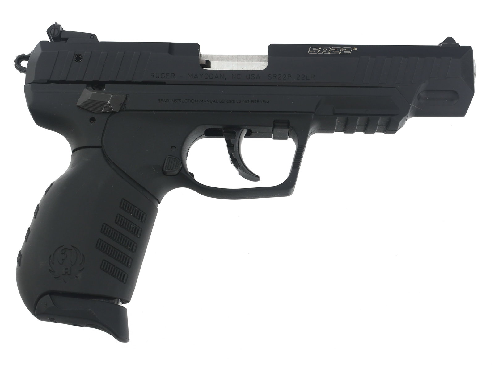 RUGER MODEL SR22P .22LR CAL SEMI AUTOMATIC PISTOL: RUGER MODEL SR22P .22LR CAL SEMI AUTOMATIC PISTOL Ruger Model SR22P .22 LR caliber semi automatic pistol. Black anodized finish on slide. Polymer frame. Adjustable rear sight. One magazine. Caliber / 