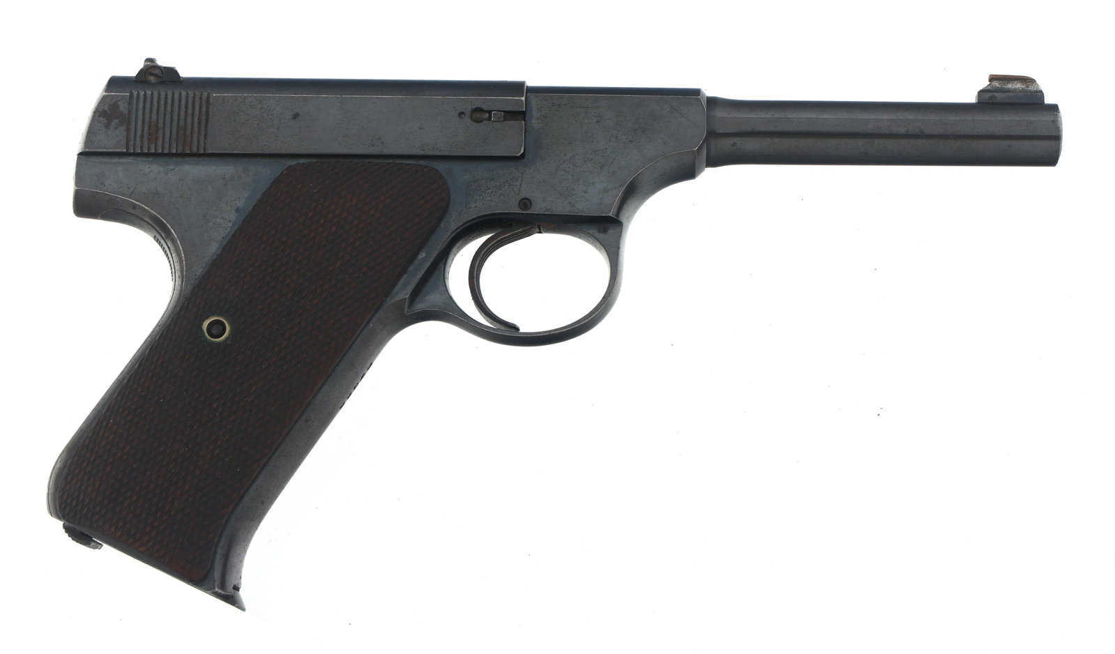 COLT MODEL THE WOODSMAN 22 LR CAL TARGET PISTOL: COLT MODEL THE WOODSMAN 22 LR CAL TARGET PISTOL 1933 Colt Model The Woodsman .22 LR caliber semi-automatic target pistol. Blued finish. Checkered grips. Fixed sights. One Colt magazine. Caliber / Gaug