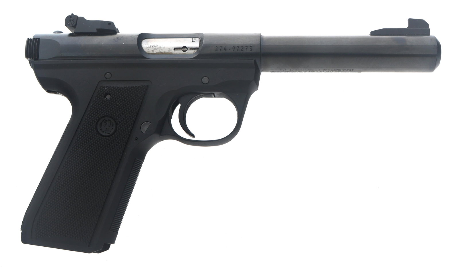 RUGER MODEL 22/45 .22 LR CALIBER TARGET PISTOL: RUGER MODEL 22/45 .22 LR CALIBER TARGET PISTOL Ruger Model 22/45 .22 LR caliber Target pistol. Blued finish. Fixed front sight. Adjustable rear sight. Composite grip. No magazine. Original hard case. 