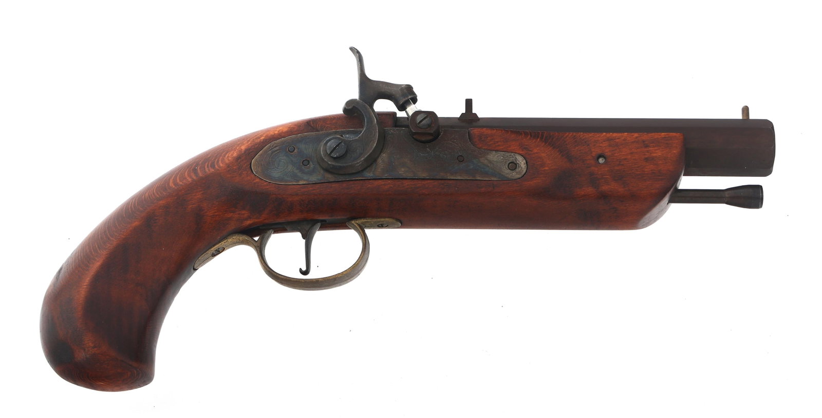SPANISH JUKAR .45 CALIBER PERCUSSION PISTOL: SPANISH JUKAR .45 CALIBER PERCUSSION PISTOL Spanish Jukar .45 caliber percussion pistol. Octagonal barrel. Wood stock. Ram rod. Caliber / Gauge: 45 Barrel Length: 6" Serial Number: 141750 Classificati