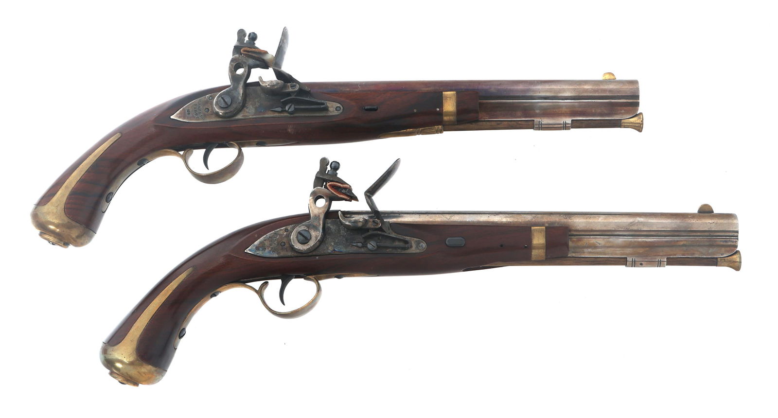 PEDERSOLI HARPERS FERRY FLINTLOCK PISTOLS: PEDERSOLI HARPERS FERRY FLINTLOCK PISTOLS Pedersoli Harpers Ferry .58 caliber flintlock pistols. Lot of two. Barrels stamped "Pedersoli Made in Italy". Lock plates stamped "Harpers Ferry". Case harden